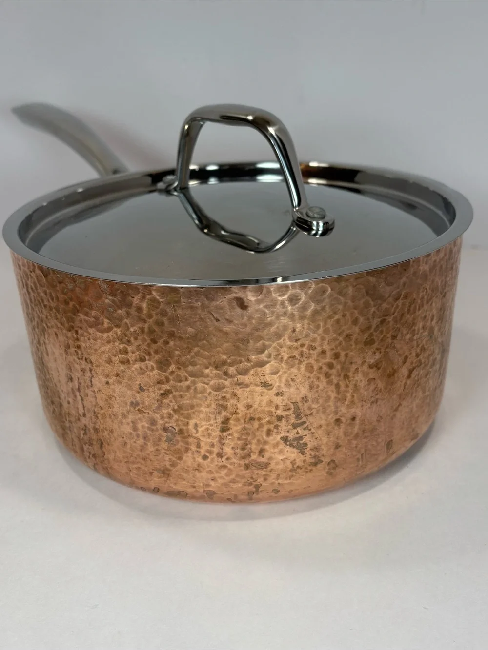 Lot Of 2 VTG French Style Hand Hammered Copper Saucepans Tin Lined 8”/5” W/Lids